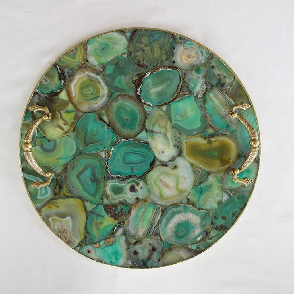 Green Agate Serving Tray With Brass Handles | Circular